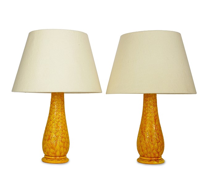 A pair of late Victorian Burmantofts ochre glazed faience table lamps