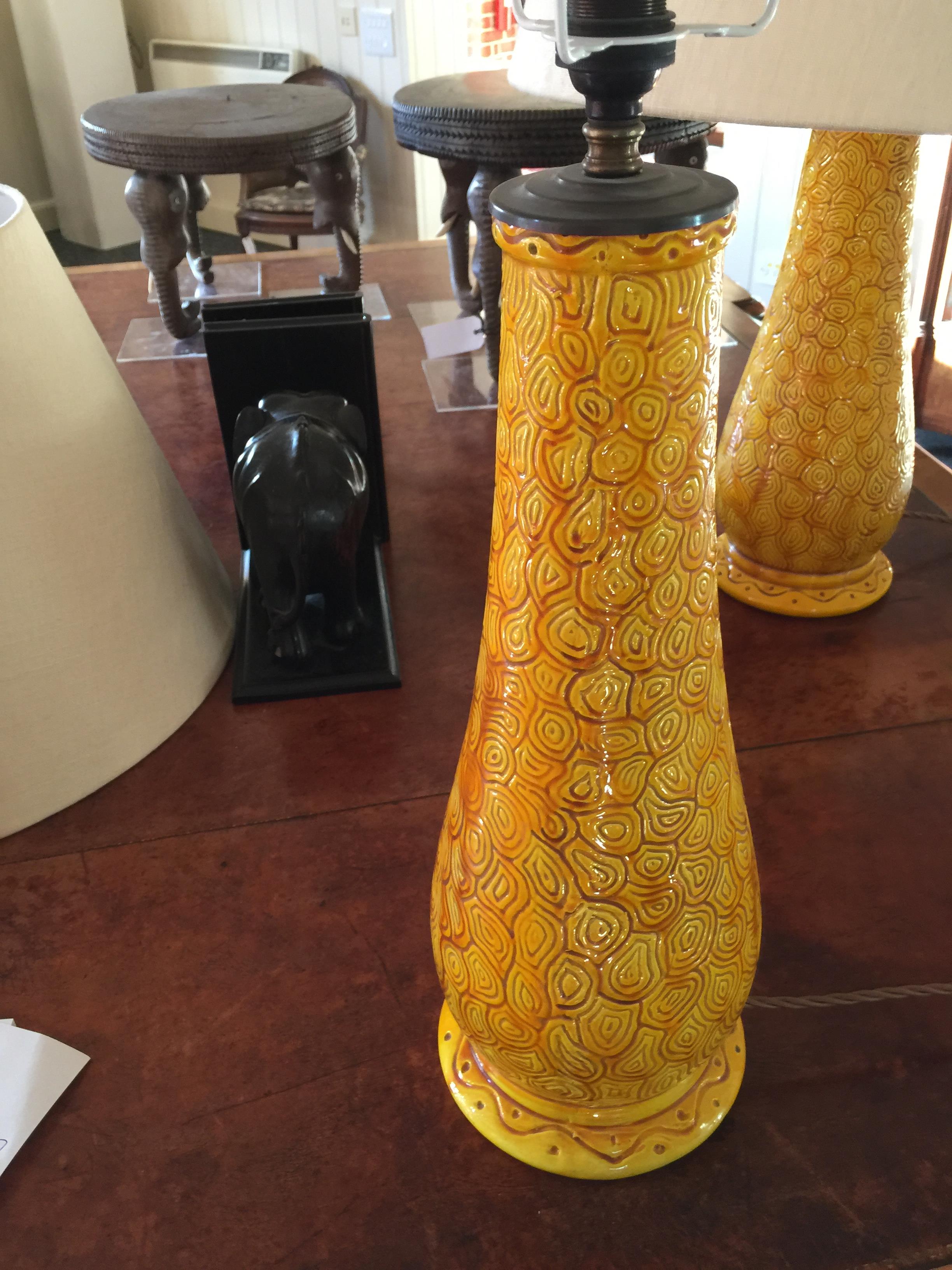 A pair of late Victorian Burmantofts ochre glazed faience table lamps - Image 4 of 10