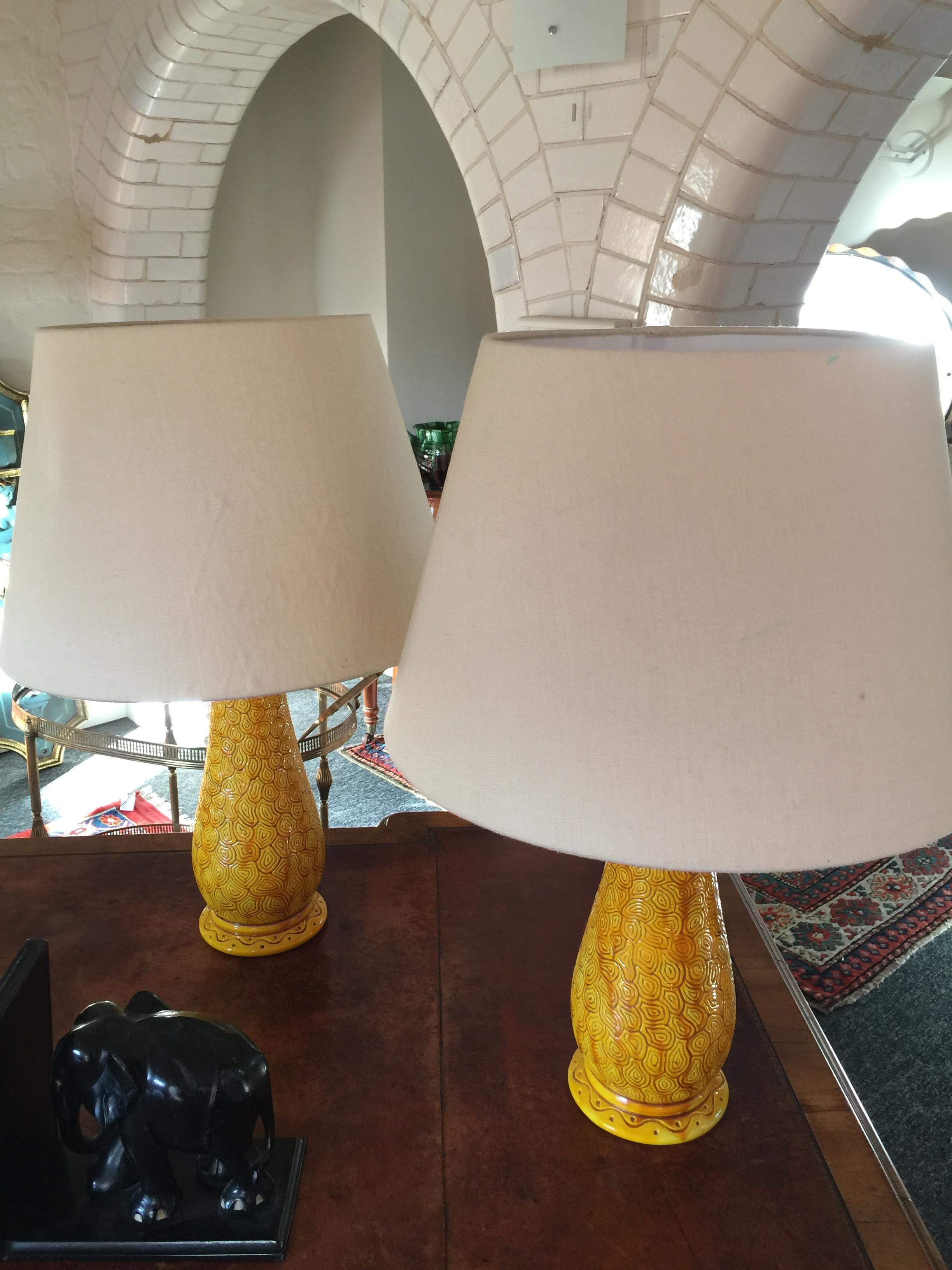 A pair of late Victorian Burmantofts ochre glazed faience table lamps - Image 2 of 10