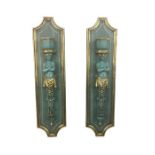 A pair of Louis XVI style turquoise and gilt tôle and wooden wall brackets