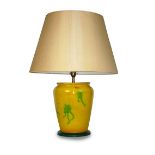 A French yellow and green faience and a green iridescent flambé table lamp