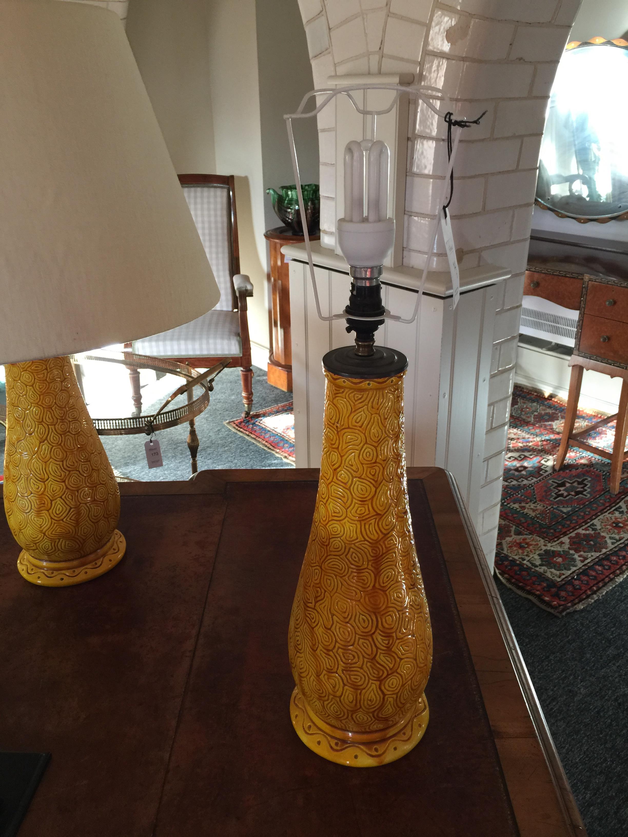 A pair of late Victorian Burmantofts ochre glazed faience table lamps - Image 3 of 10