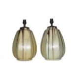 Pair of Belgian brown glazed flambé lamp bases and a pair Belgian praline glazed table lamps