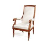 A Louis-Phillipe mahogany and boxwood line inlaid fauteuil
