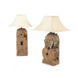 A pair of Indian hardwood carved architectural fragment table lamps with shades