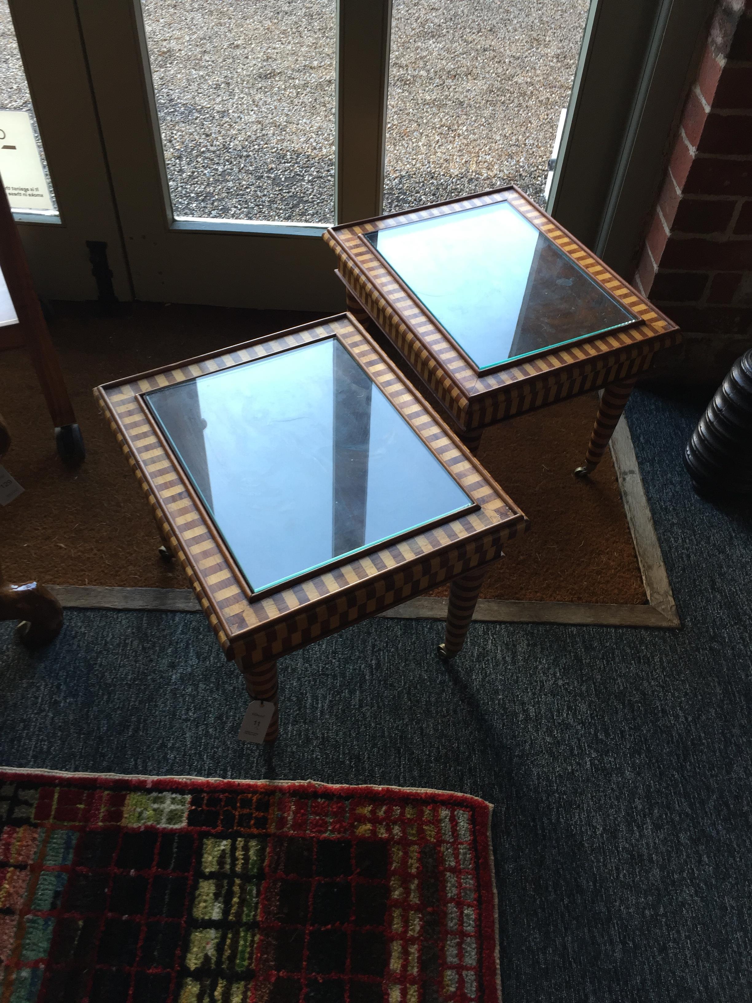 A pair of beechwood and mahogany rectangular low tables