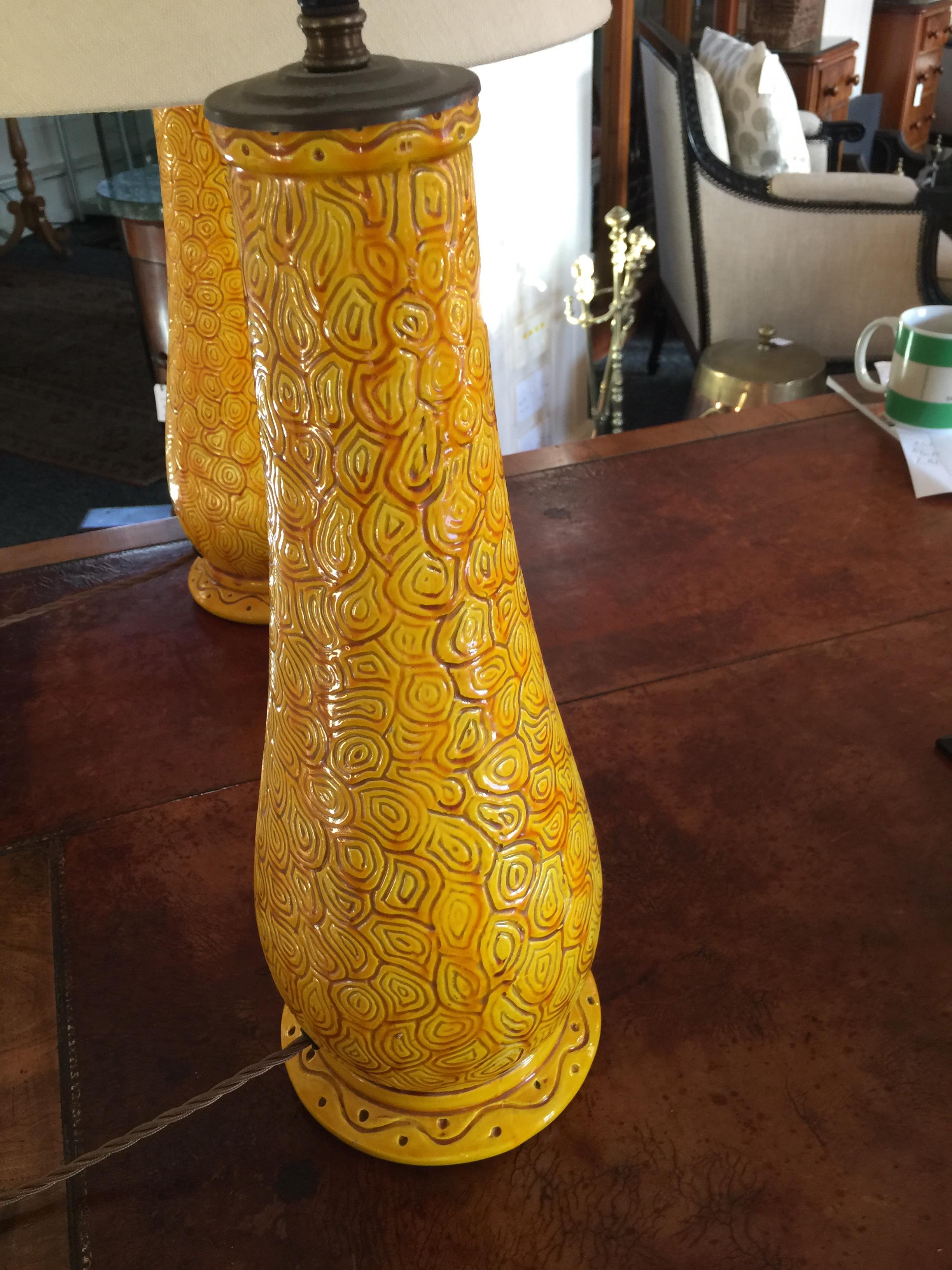 A pair of late Victorian Burmantofts ochre glazed faience table lamps - Image 8 of 10