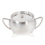 A silver plated covered soup tureen in the manner of Christopher Dresser, by Walker & Hall