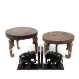 Pair African hardwood ivory stools & a pair of ebony and ivory elephant book ends (4