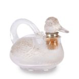 A novelty glass duck claret jug engraved with feathers, the Victorian silver collar
