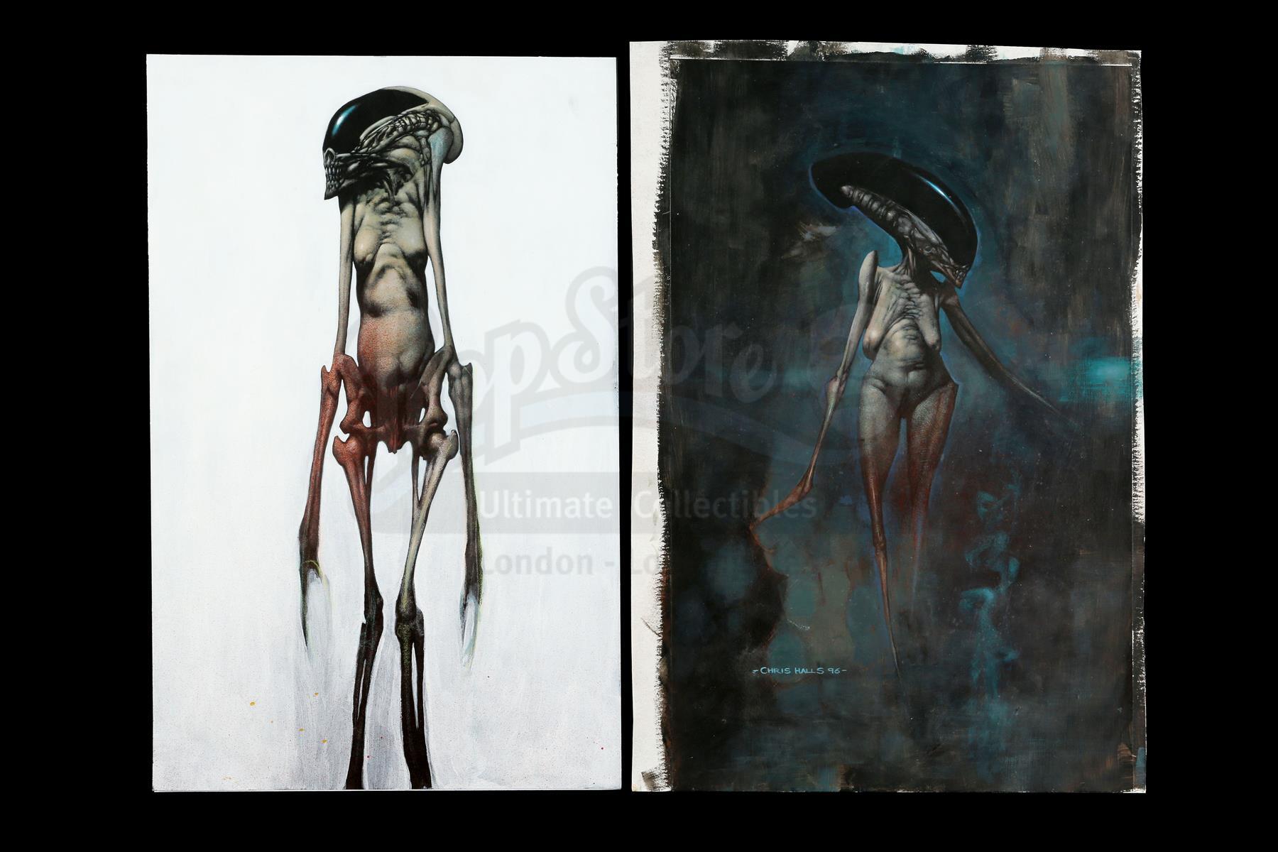 Lot #38 - ALIEN: RESURRECTION (1997) - Pair of Hand-Painted Chris Cunningham Newborn Alien Illustrat