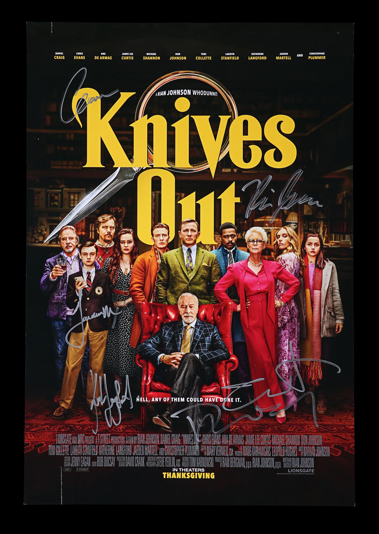 KNIVES OUT (2019) - Poster, 2019, Autographed by Daniel Craig, Chris Evans and Others