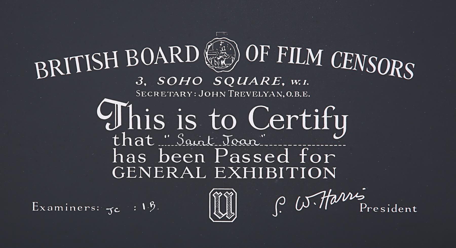 SAINT JOAN (1957) - BBFC Certificate, 1957 - Image 2 of 3