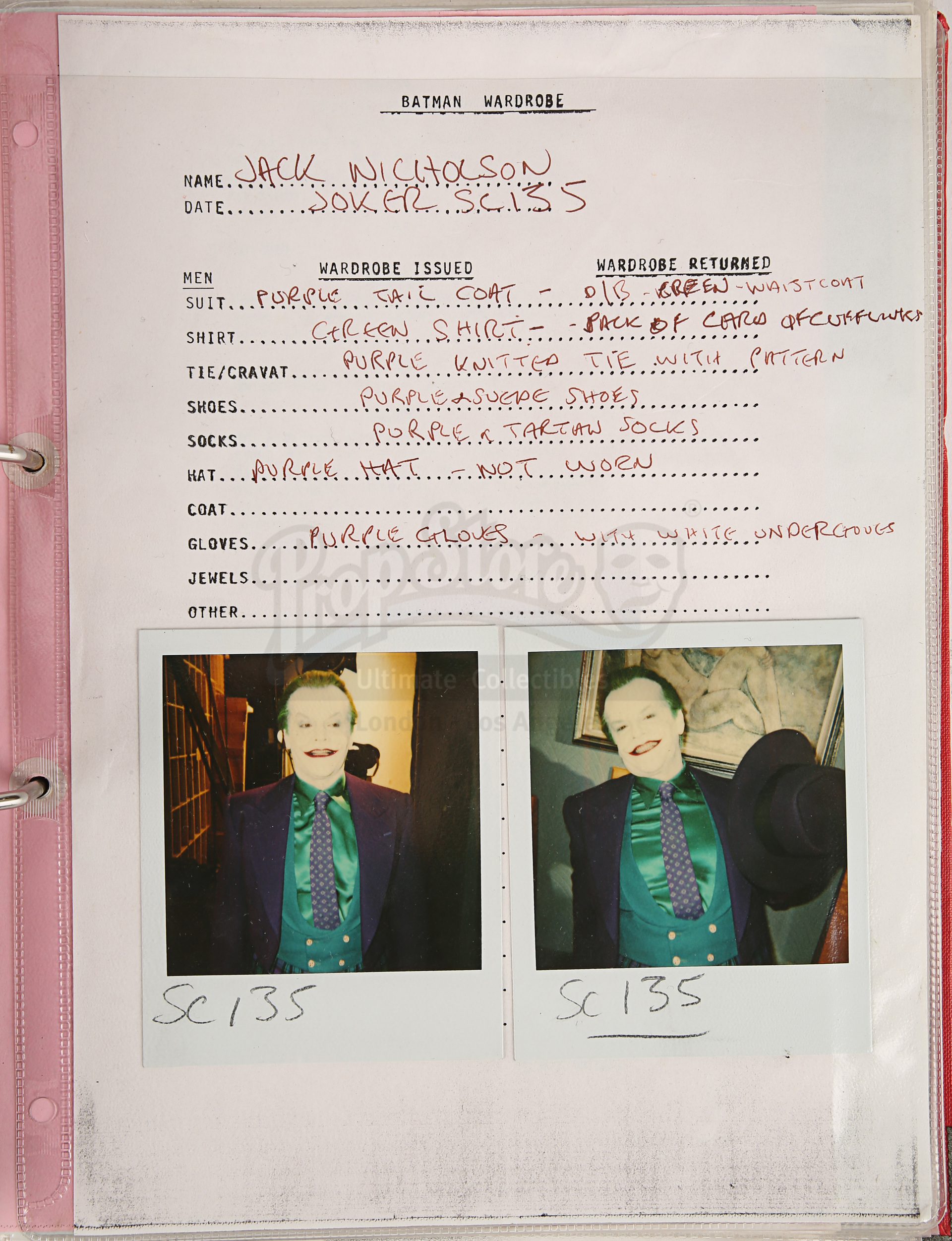 BATMAN (1989) - Costume Continuity Binder Featuring Archive of Main Cast Polaroids - Image 19 of 51