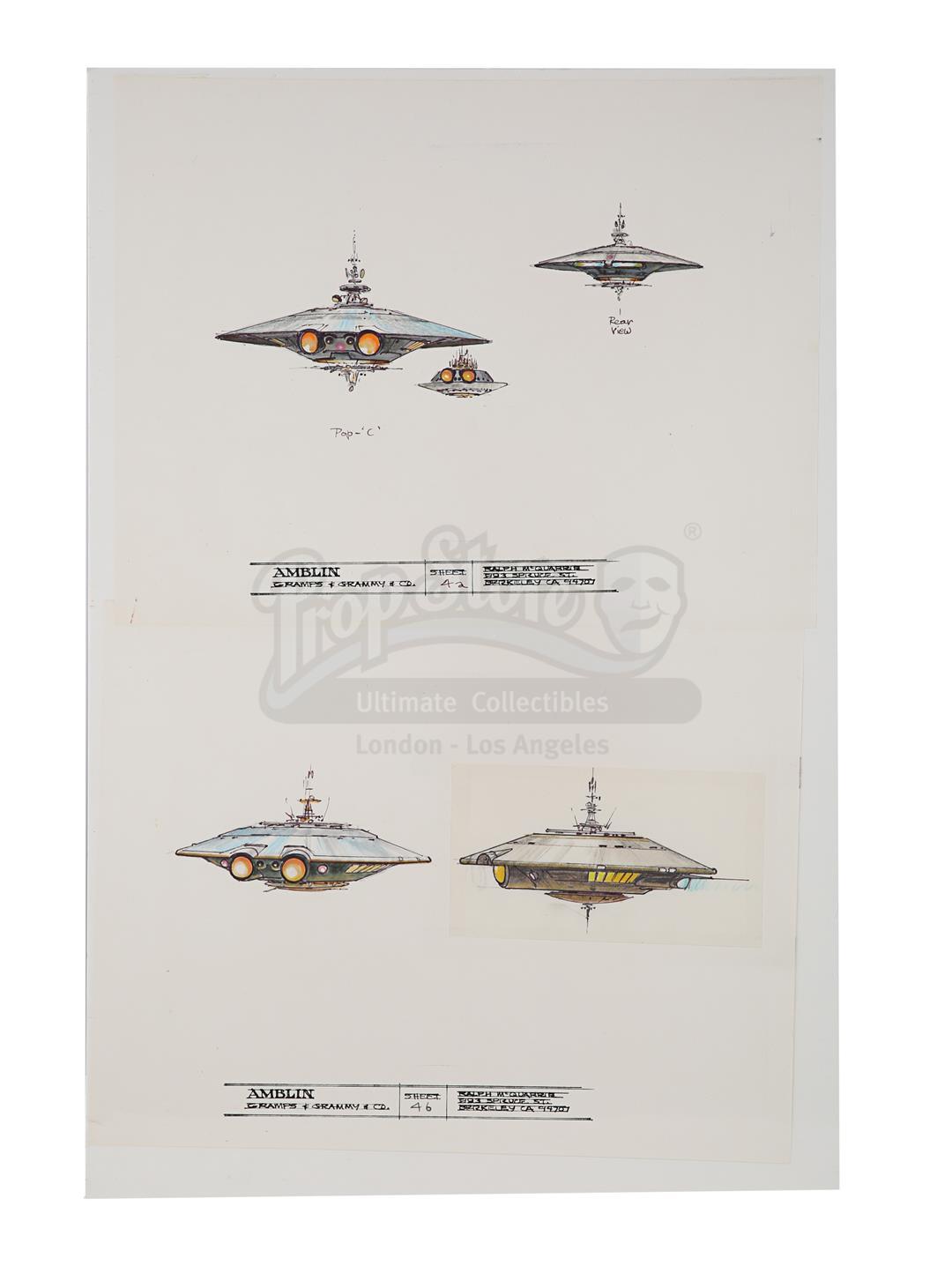 *BATTERIES NOT INCLUDED (1987) - Pair of Hand-drawn Ralph McQuarrie "Pop" Spaceship Illustration She