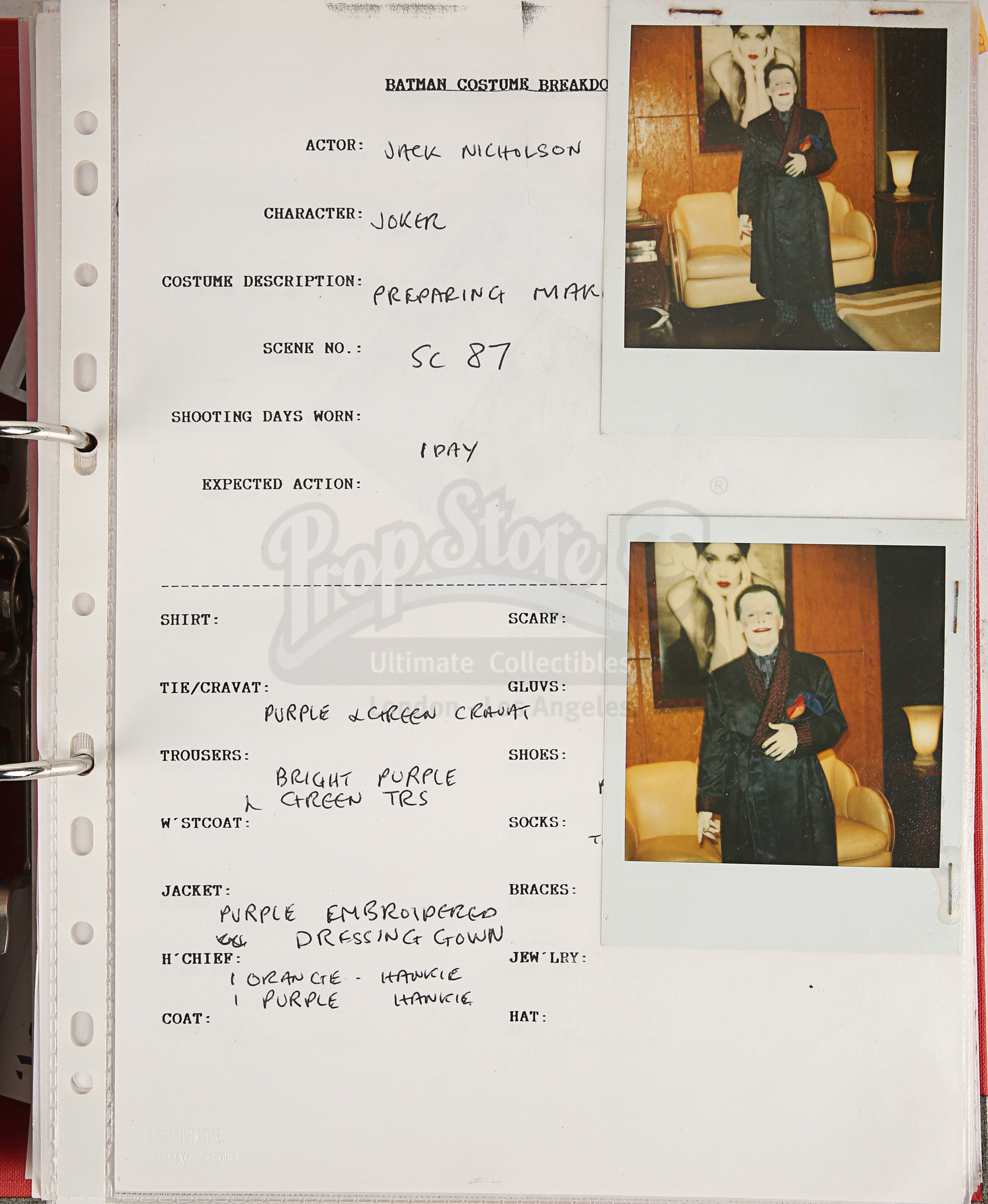 BATMAN (1989) - Costume Continuity Binder Featuring Archive of Main Cast Polaroids - Image 25 of 51