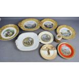 A group of 19th century Prattware including a brush pot, comport, plates, and a Royal Doulton plate.