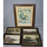 A group of pictures including oil on canvas landscapes and a large Victorian poster.