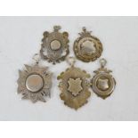 A group of five silver Victorian pocket watch fobs, 2.78toz.