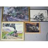 A group of locomotive prints, to include painting by JF Oxley.
