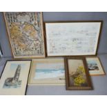 A group of prints and paintings to include a linen map, and Burghley horse trials.