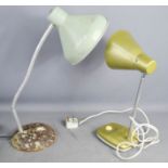 Two vintage table lamps, with green shades and flexible arm.