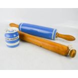 A vintage blue and white group of kitchenalia, including Baking Powder pot, rolling pin and treen