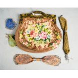 A Vintage needlework and faux tortoiseshell purse / bag, and a group of four crochet vintage coin