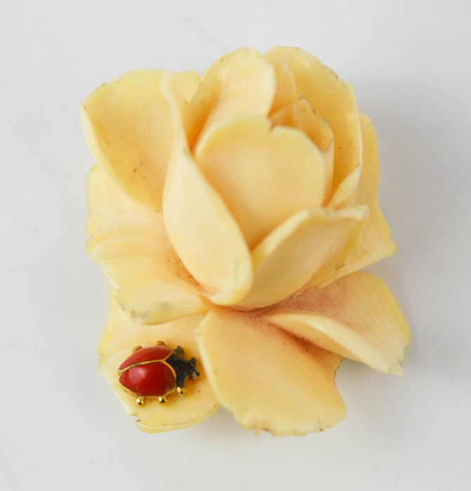 A finely carved rose form brooch, with 18ct gold (tested) mount, and enamelled ladybird set to the - Image 5 of 6