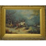A 19th century oil on canvas, unsigned, depicting a winter landscape, with church beside a river and