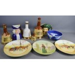 A Royal Doulton Toby jug, a group of empty Bells Whisky decanters, a Jenny Lind bowl and Royal