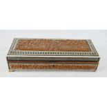 An Indian carved box, inlaid with bone and ebony, together with costume jewellery.