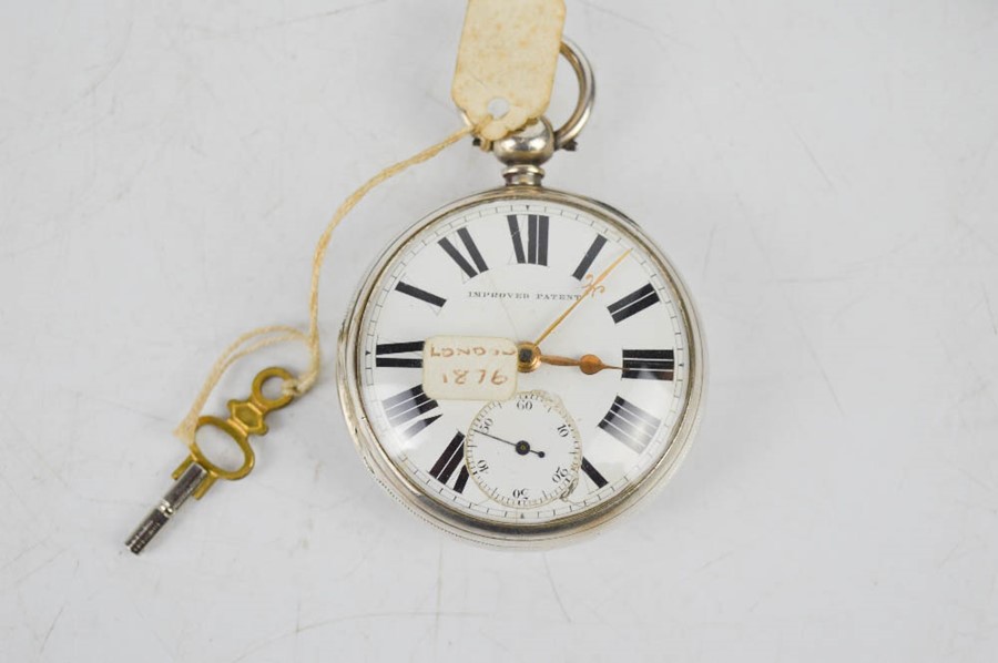 A silver 19th century open faced pocket watch, London 1876, white enamel dial inscribed Improved