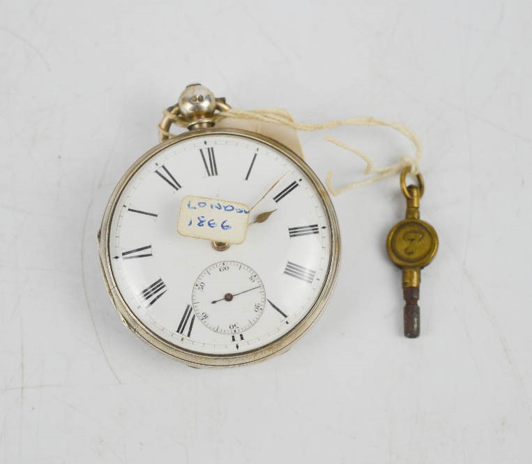 A silver 19th century pocket watch, London 1866, movement signed J Alper, Hull, No 9590.