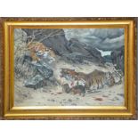 P.L. Briel (20th century): tigers catching prey, oil on board, signed and dated Jan '28, 82 by 61cm.