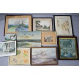A group of picture to include watercolours, botanical studies, a 19th century print of St Osyth's