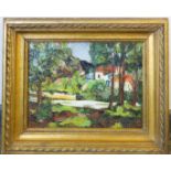 LM Hamilton (20th century): house in landscape, oil on board, 29 by 39cm.