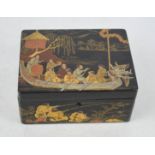 A Chinese black lacquered papier mache box, painted and gilded with figures.