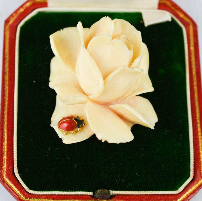 A finely carved rose form brooch, with 18ct gold (tested) mount, and enamelled ladybird set to the - Image 2 of 6