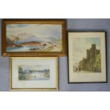 Two watercolour landscapes, 19th century, one signed Bideford, and one print of St James Palace.