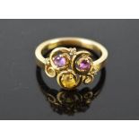A 9ct gold ring set with three coloured stones, size O.