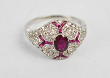 A ruby, diamond Art Deco style ring, size N, 5g, (un-hallmarked, tested as 18ct white gold). - Image 2 of 3