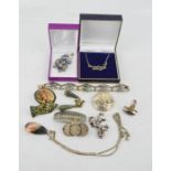 A group of silver and white metal jewellery, including a Delft porcelain set, necklace, brooches,