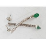 A pair of 18ct white gold, diamond and emerald drop earrings, 5.4g.