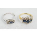 Two 9ct gold rings, one with white gold shank, the other in yellow gold, both set with sapphires and