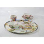 A Noritake oval dish with a 19th century chinese coffee can depicting figural scenes and a sake bowl