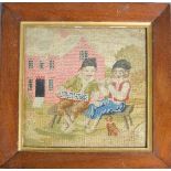 A 19th century naive needlework panel depicting children playing the flute and accordion, with house