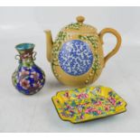 A miniature champleve vase, dish with yellow ground and a tea pot with blue and white roundel on