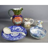 A group of Victorian and later ceramics including two Masons Ironstone jugs, and a ladel, a