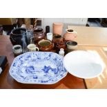 A Victorian blue and white meat plate, together with other ceramics to include stoneware jars and